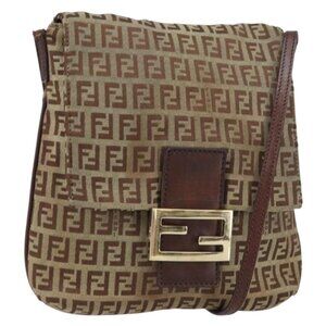 Authentic FENDI Zucchino Canvas Mamma Baguette Shoulder Bag Brown Gold